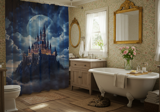 Moonlit Castle Shower Curtain - Fantasy Reader Decor, Bathroom Style, Gothic Home, Magical Vibes, Gift for Dreamers, Starry Night Castle