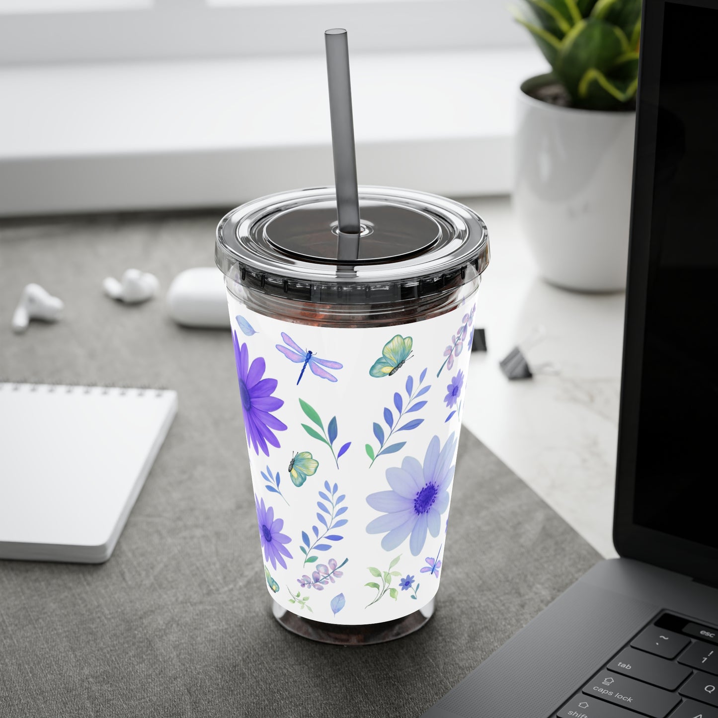 Sunsplash Floral Tumbler: 16oz Reusable Drink Cup, Eco-Friendly Travel Mug, Summer Party Gift, Floral Straw Cup, Garden Inspired Drinkware