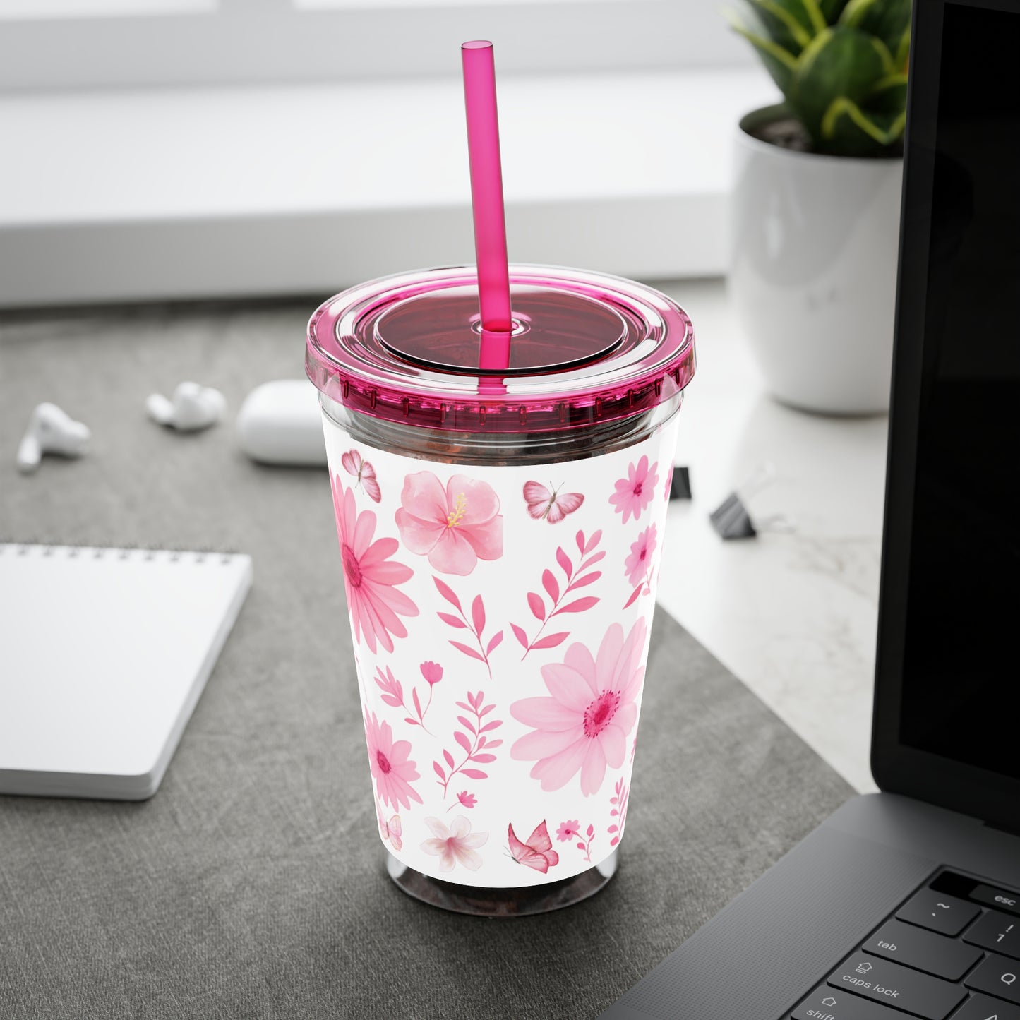 Pink Floral Tumbler, Insulated Drink Cup, Reusable Coffee Travel Mug, Gift for Her, Summer Drinkware