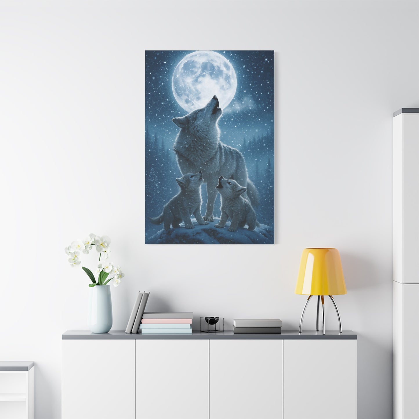 Wolf Family Moonlit Canvas Art, Nature Decor, Wildlife Wall Art, Home Office Art, Gift for Animal Lovers