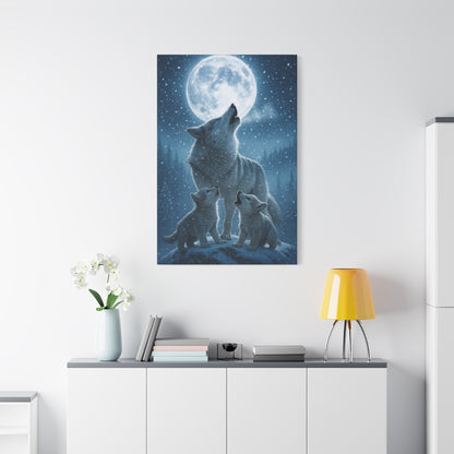Wolf Family Moonlit Canvas Art, Nature Decor, Wildlife Wall Art, Home Office Art, Gift for Animal Lovers