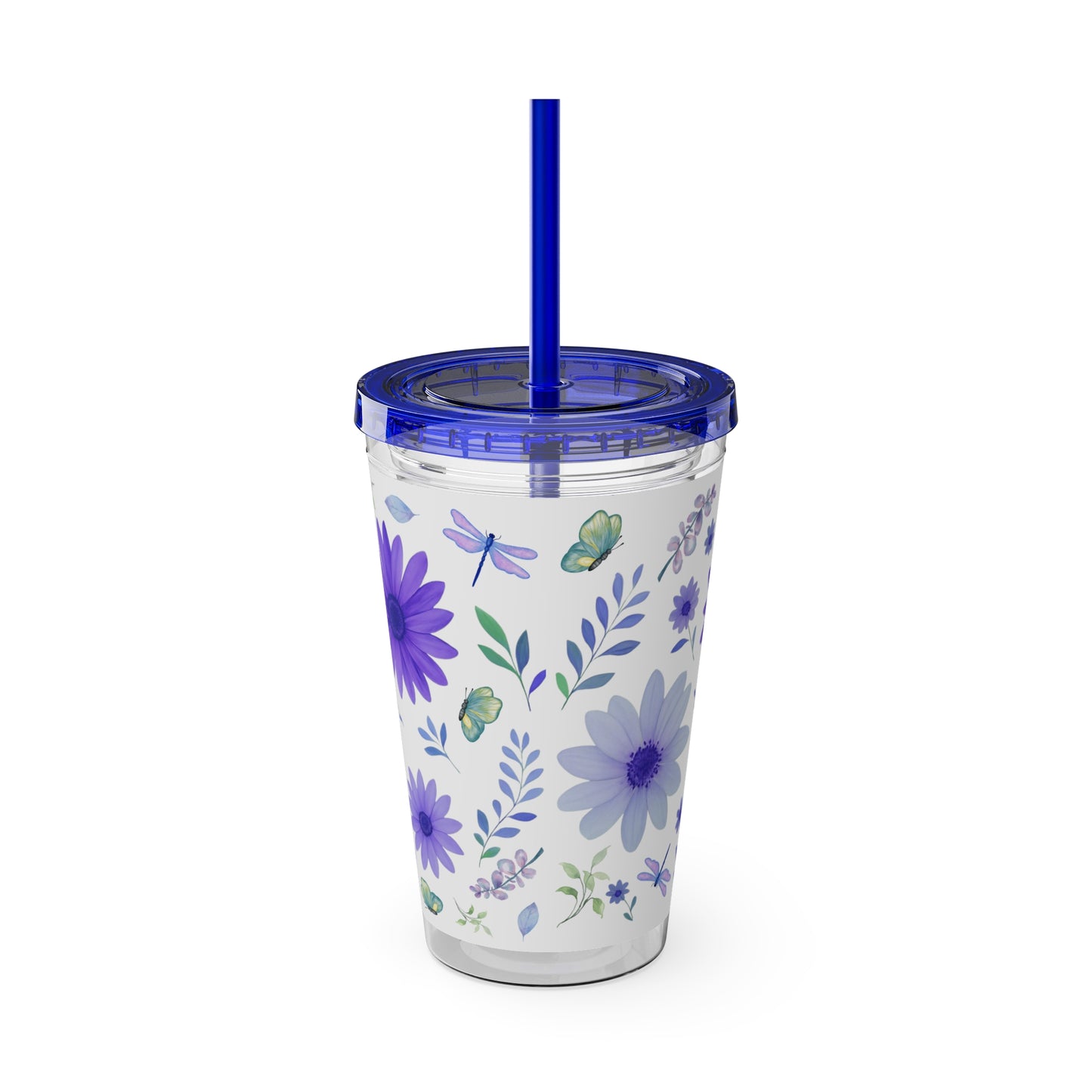 Sunsplash Floral Tumbler: 16oz Reusable Drink Cup, Eco-Friendly Travel Mug, Summer Party Gift, Floral Straw Cup, Garden Inspired Drinkware
