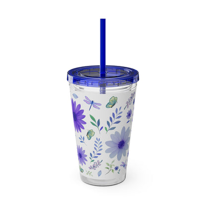 Sunsplash Floral Tumbler: 16oz Reusable Drink Cup, Eco-Friendly Travel Mug, Summer Party Gift, Floral Straw Cup, Garden Inspired Drinkware
