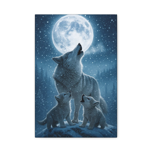 Wolf Family Moonlit Canvas Art, Nature Decor, Wildlife Wall Art, Home Office Art, Gift for Animal Lovers