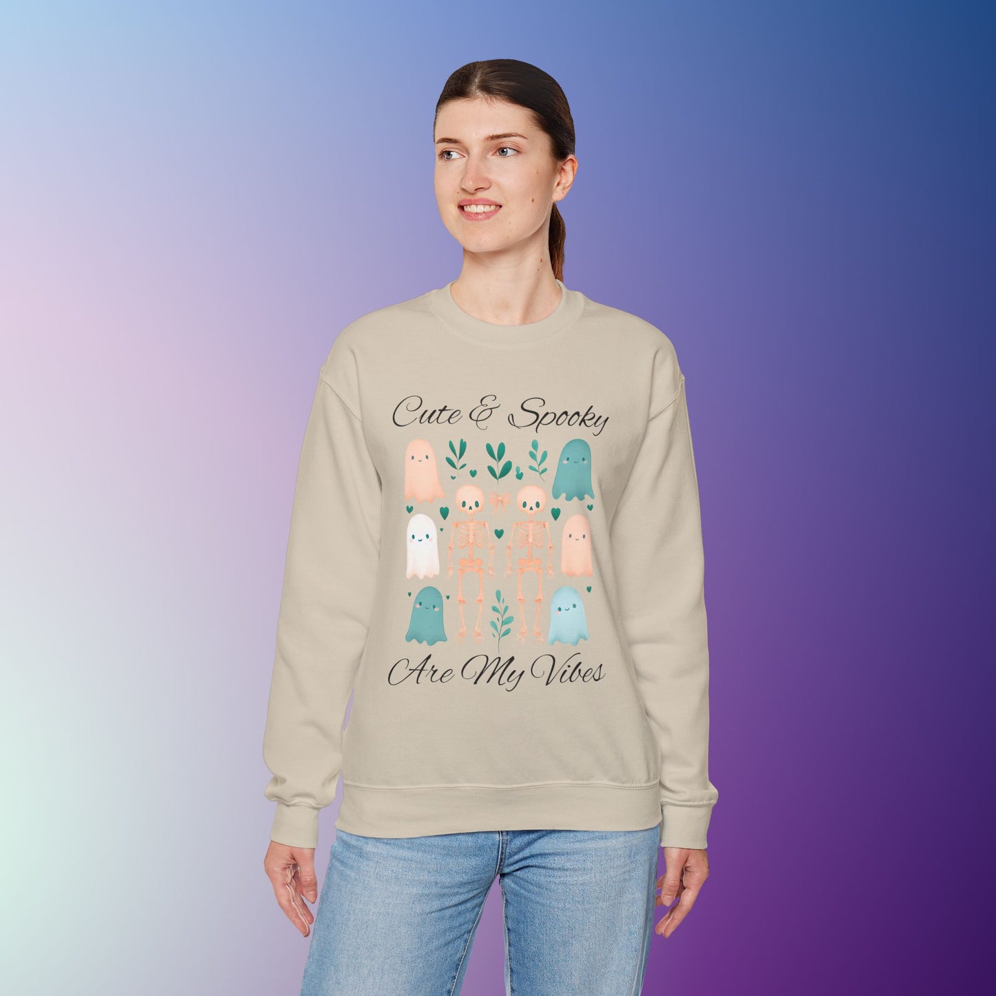 Cute & Spooky Vibes Crewneck Sweatshirt, Unisex Sweatshirt, Halloween Apparel, Cozy Casual Wear, Ghost Design, Comfortable Top
