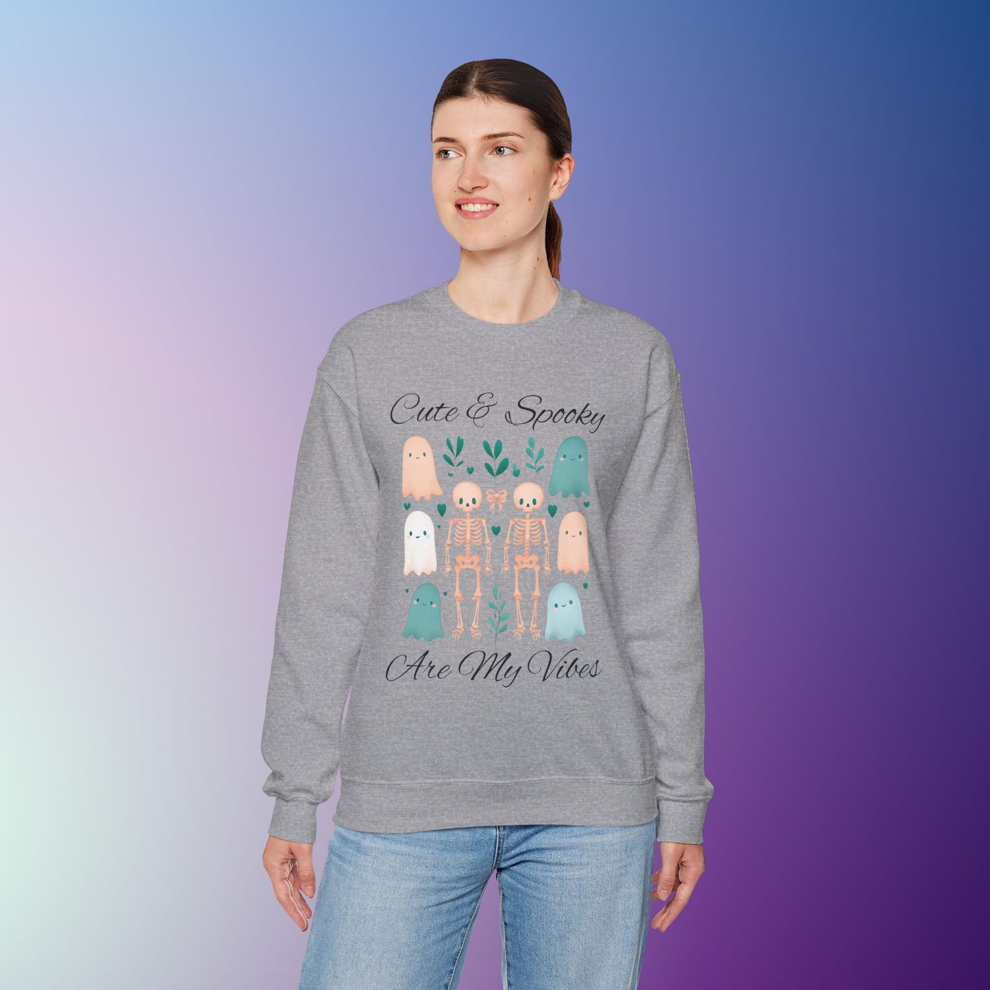 Cute & Spooky Vibes Crewneck Sweatshirt, Unisex Sweatshirt, Halloween Apparel, Cozy Casual Wear, Ghost Design, Comfortable Top