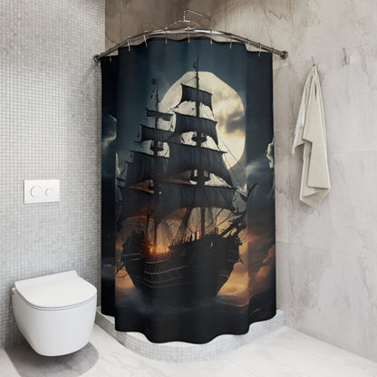 Nautical Moonlit Ship Shower Curtain - Ocean Decor, Bathroom Accessories, Nautical Home, Coastal Decor, Gift for Sailors, Pirate Ship