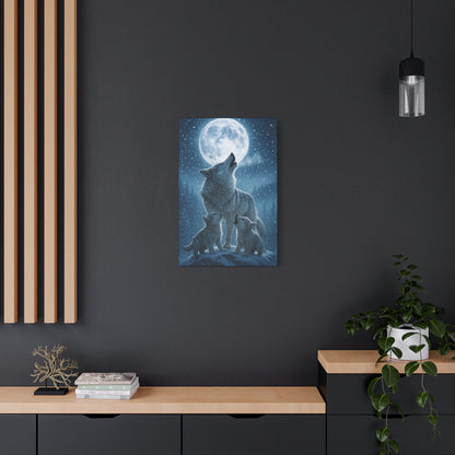 Wolf Family Moonlit Canvas Art, Nature Decor, Wildlife Wall Art, Home Office Art, Gift for Animal Lovers