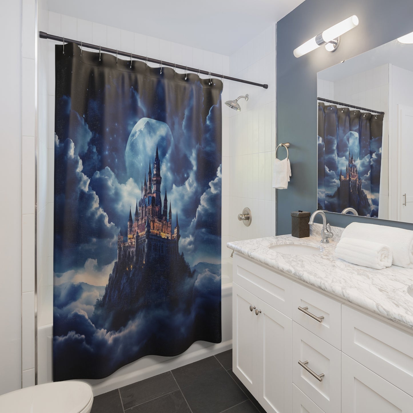 Moonlit Castle Shower Curtain - Fantasy Reader Decor, Bathroom Style, Gothic Home, Magical Vibes, Gift for Dreamers, Starry Night Castle