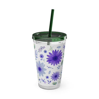 Sunsplash Floral Tumbler: 16oz Reusable Drink Cup, Eco-Friendly Travel Mug, Summer Party Gift, Floral Straw Cup, Garden Inspired Drinkware