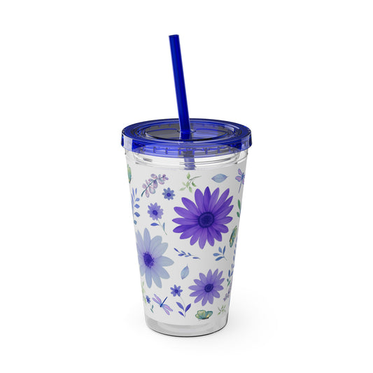 Sunsplash Floral Tumbler: 16oz Reusable Drink Cup, Eco-Friendly Travel Mug, Summer Party Gift, Floral Straw Cup, Garden Inspired Drinkware