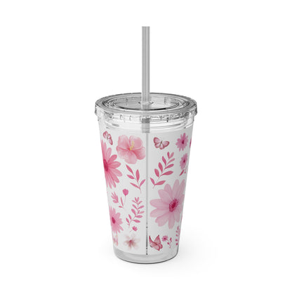 Pink Floral Tumbler, Insulated Drink Cup, Reusable Coffee Travel Mug, Gift for Her, Summer Drinkware