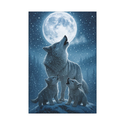 Wolf Family Moonlit Canvas Art, Nature Decor, Wildlife Wall Art, Home Office Art, Gift for Animal Lovers