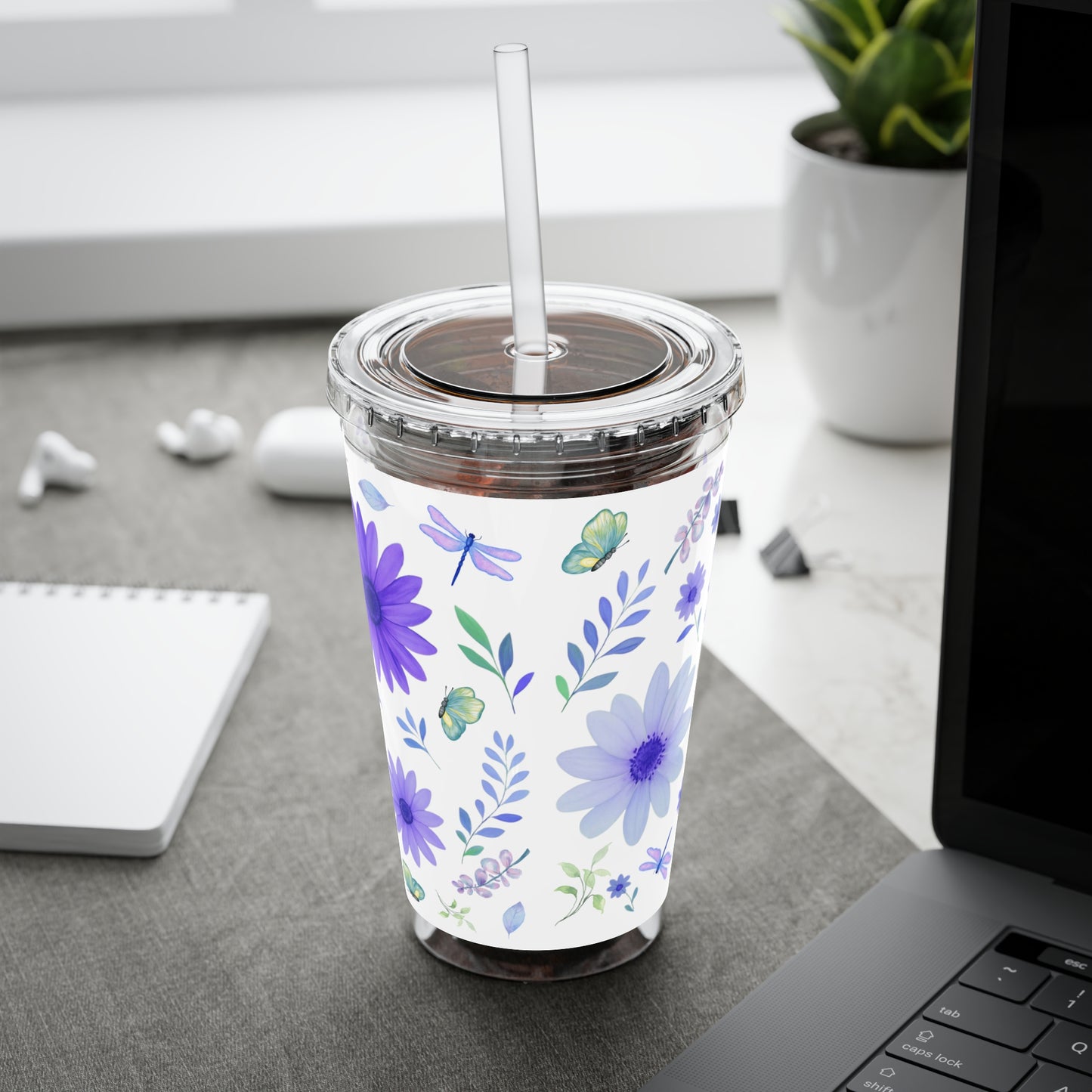 Sunsplash Floral Tumbler: 16oz Reusable Drink Cup, Eco-Friendly Travel Mug, Summer Party Gift, Floral Straw Cup, Garden Inspired Drinkware