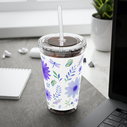 Sunsplash Floral Tumbler: 16oz Reusable Drink Cup, Eco-Friendly Travel Mug, Summer Party Gift, Floral Straw Cup, Garden Inspired Drinkware