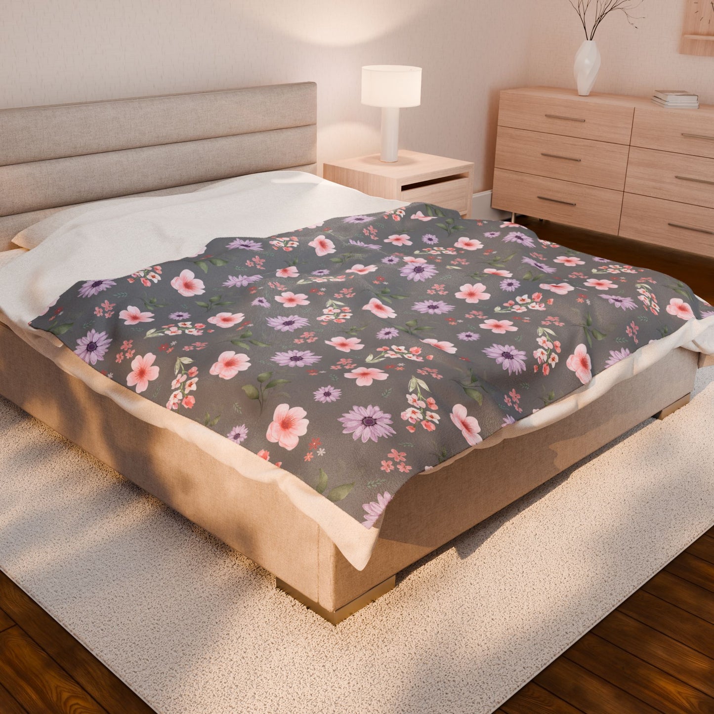 Cozy Floral Velveteen Plush Blanket - Perfect for Home Decor, Gifts, Living Room, Outdoor Picnics, Spring Flower Nursery, Gray Nursery