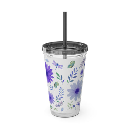 Sunsplash Floral Tumbler: 16oz Reusable Drink Cup, Eco-Friendly Travel Mug, Summer Party Gift, Floral Straw Cup, Garden Inspired Drinkware