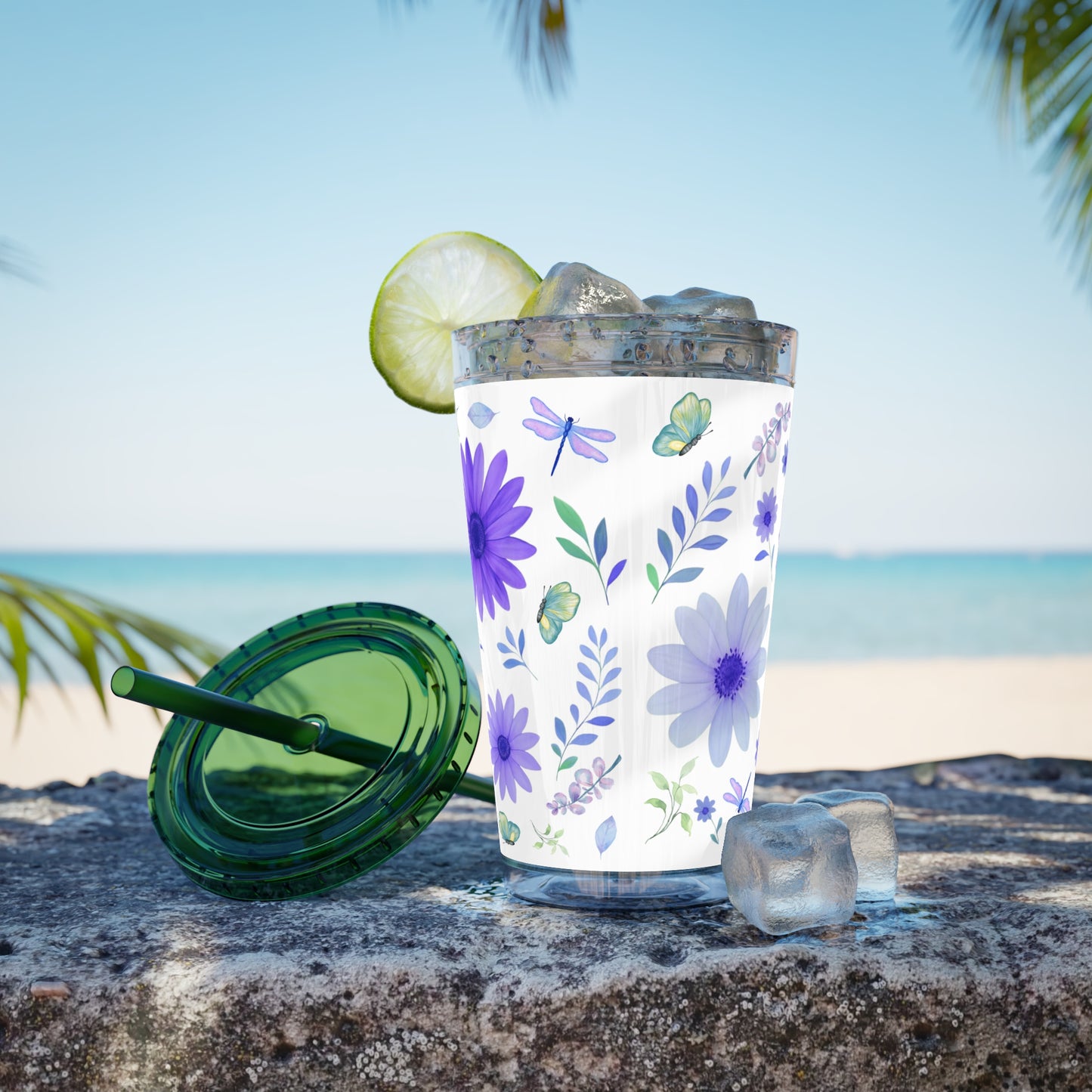 Sunsplash Floral Tumbler: 16oz Reusable Drink Cup, Eco-Friendly Travel Mug, Summer Party Gift, Floral Straw Cup, Garden Inspired Drinkware