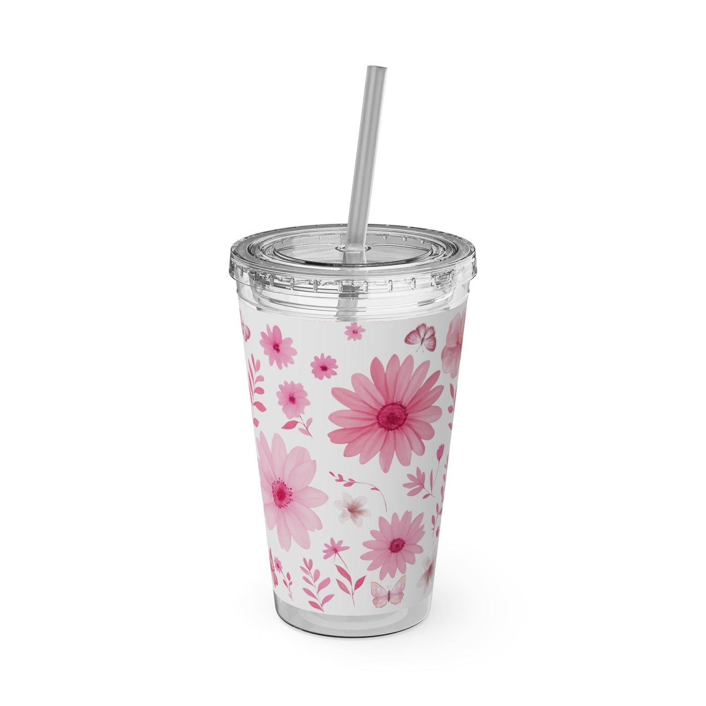 Pink Floral Tumbler, Insulated Drink Cup, Reusable Coffee Travel Mug, Gift for Her, Summer Drinkware
