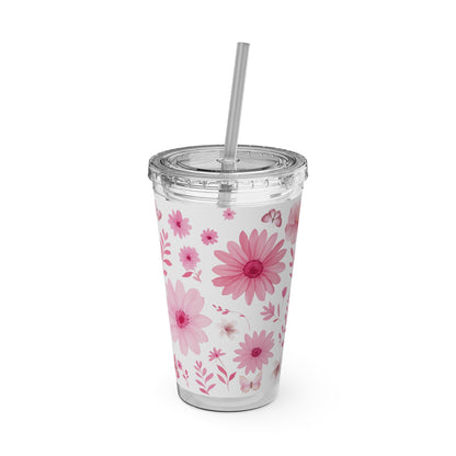 Pink Floral Tumbler, Insulated Drink Cup, Reusable Coffee Travel Mug, Gift for Her, Summer Drinkware