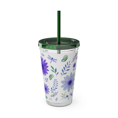 Sunsplash Floral Tumbler: 16oz Reusable Drink Cup, Eco-Friendly Travel Mug, Summer Party Gift, Floral Straw Cup, Garden Inspired Drinkware