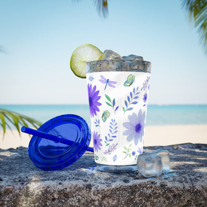 Sunsplash Floral Tumbler: 16oz Reusable Drink Cup, Eco-Friendly Travel Mug, Summer Party Gift, Floral Straw Cup, Garden Inspired Drinkware