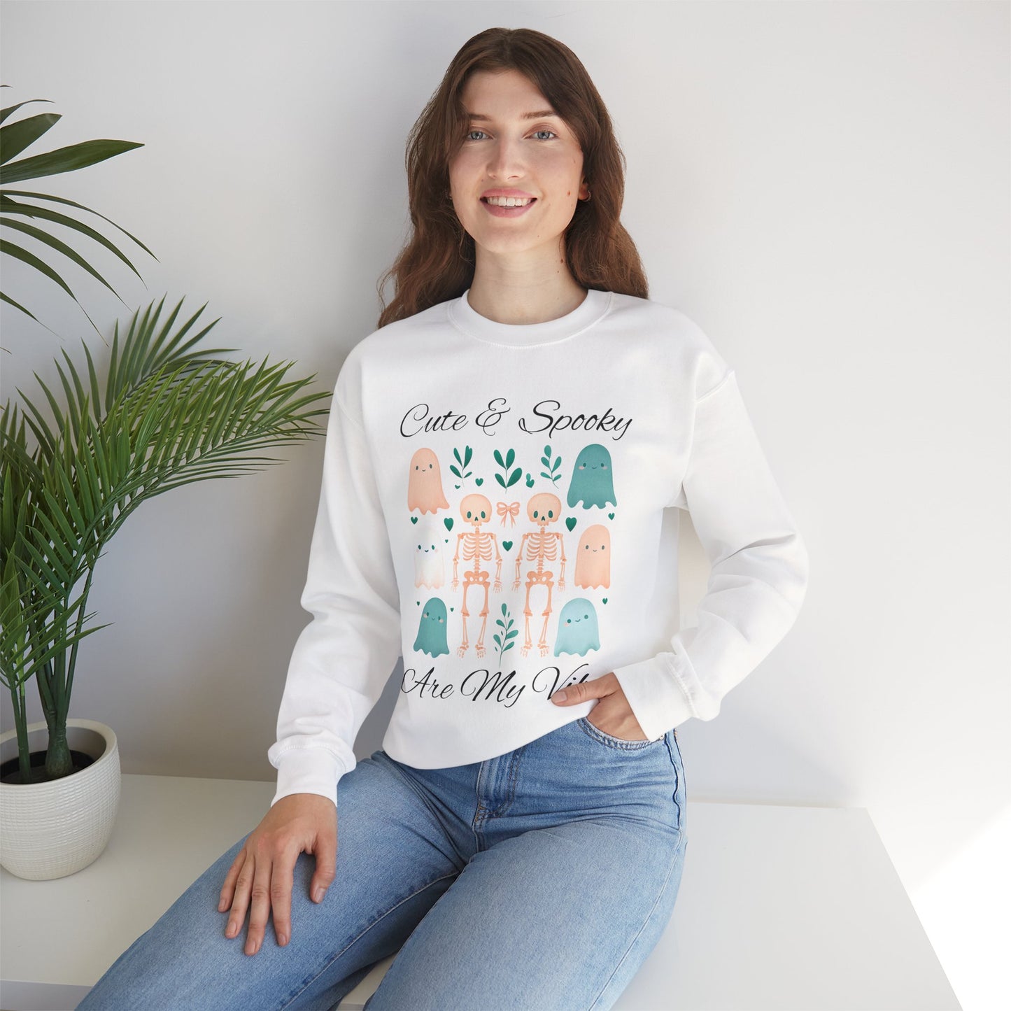 Cute & Spooky Vibes Crewneck Sweatshirt, Unisex Sweatshirt, Halloween Apparel, Cozy Casual Wear, Ghost Design, Comfortable Top