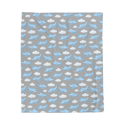 Airplane Theme Velveteen Plush Blanket, Cozy Gift for Kids, Nursery Decor, Air Travel Enthusiast, Soft Toddler Blanket, Baby Boy Decor