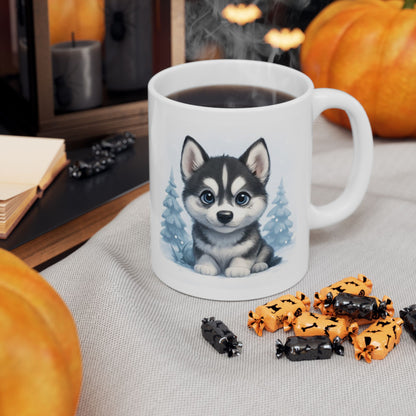 Winter Ceramic Mug, Cute Winter Mug, Holiday Gift, Cozy Drinkware, Husky Puppy Coffee Cup, Adorable Animal Mug Gift, Dog Lover gift