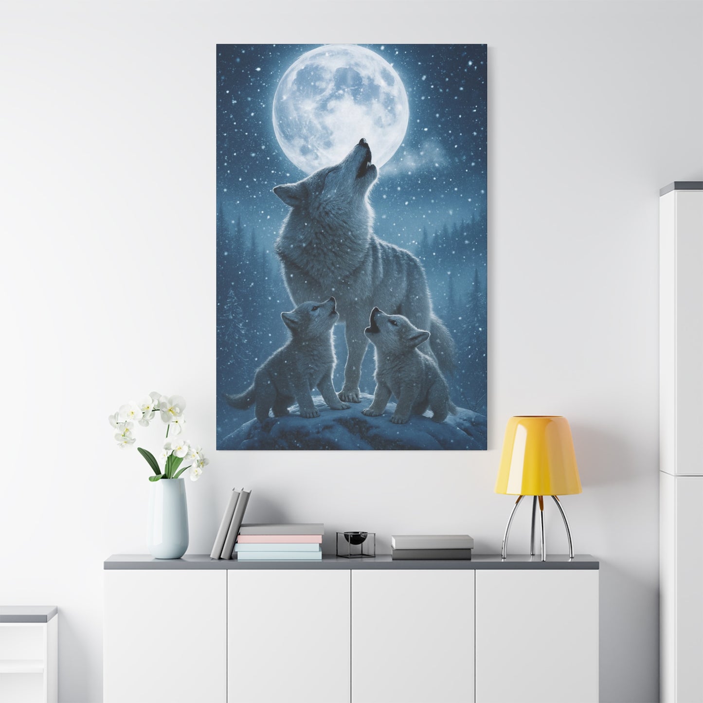 Wolf Family Moonlit Canvas Art, Nature Decor, Wildlife Wall Art, Home Office Art, Gift for Animal Lovers