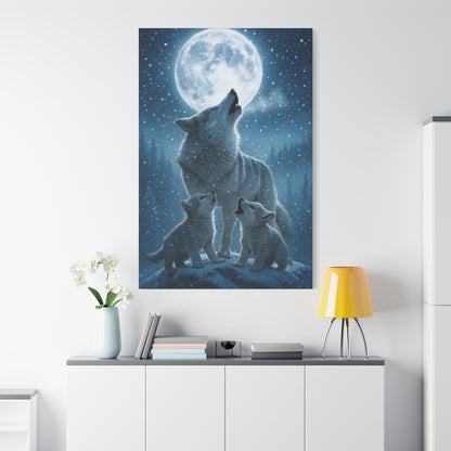 Wolf Family Moonlit Canvas Art, Nature Decor, Wildlife Wall Art, Home Office Art, Gift for Animal Lovers