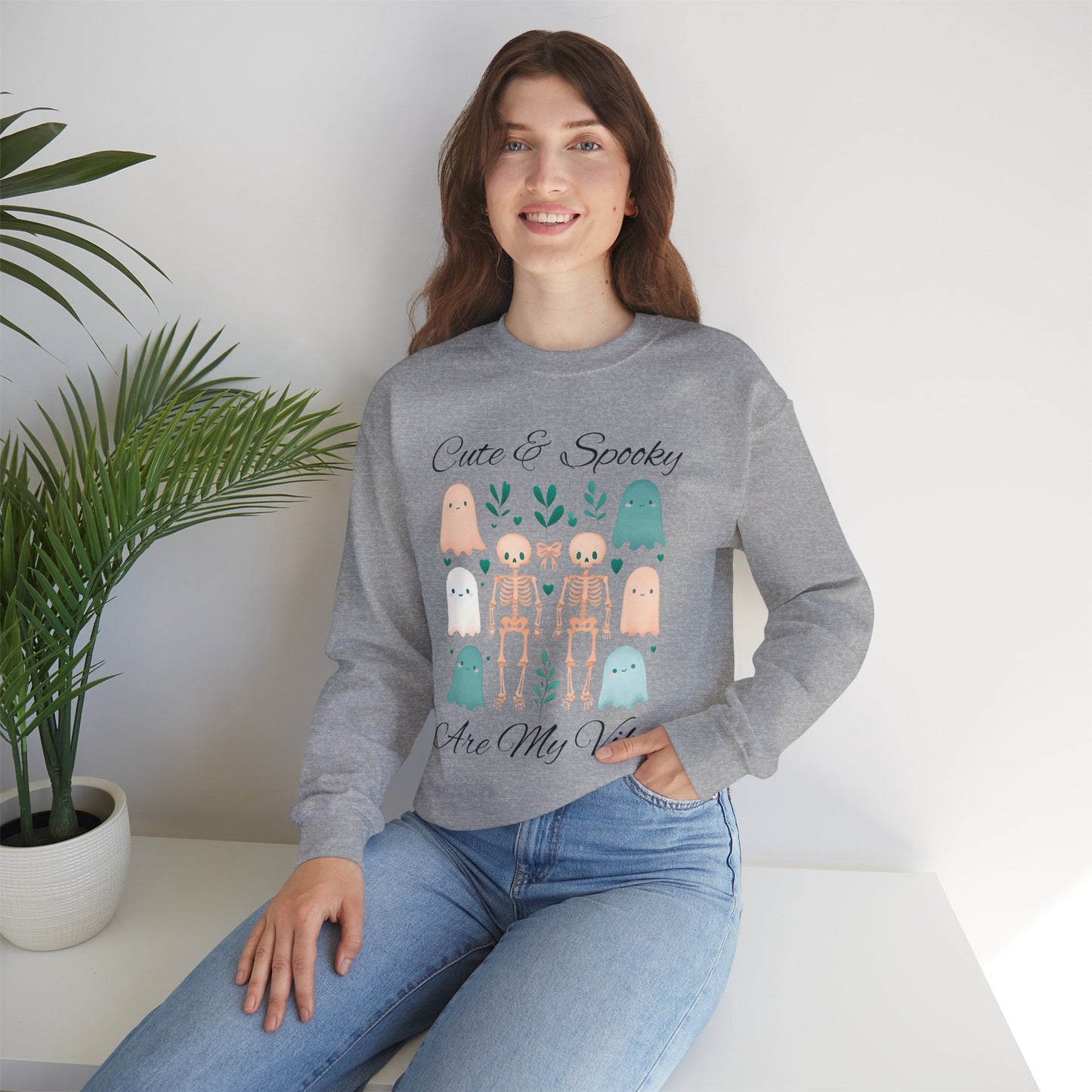 Cute & Spooky Vibes Crewneck Sweatshirt, Unisex Sweatshirt, Halloween Apparel, Cozy Casual Wear, Ghost Design, Comfortable Top
