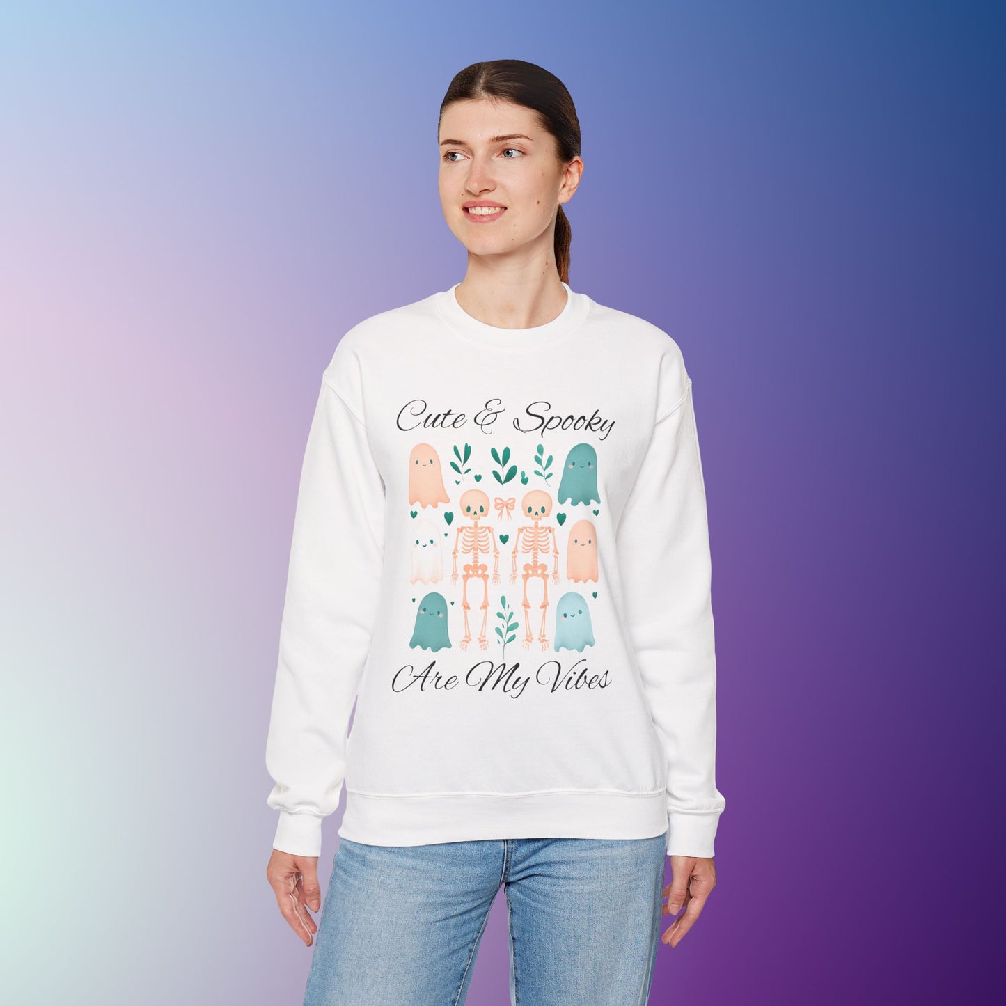 Cute & Spooky Vibes Crewneck Sweatshirt, Unisex Sweatshirt, Halloween Apparel, Cozy Casual Wear, Ghost Design, Comfortable Top