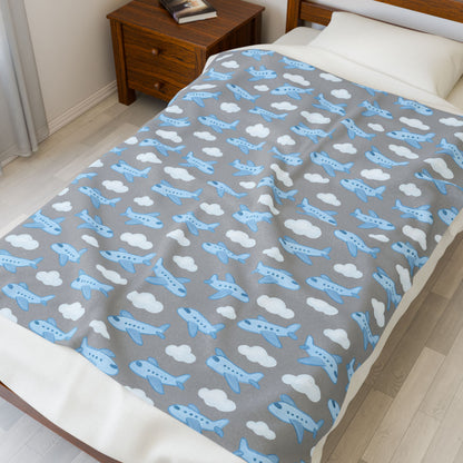Airplane Theme Velveteen Plush Blanket, Cozy Gift for Kids, Nursery Decor, Air Travel Enthusiast, Soft Toddler Blanket, Baby Boy Decor