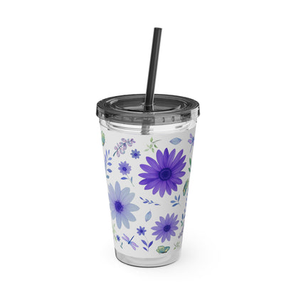 Sunsplash Floral Tumbler: 16oz Reusable Drink Cup, Eco-Friendly Travel Mug, Summer Party Gift, Floral Straw Cup, Garden Inspired Drinkware