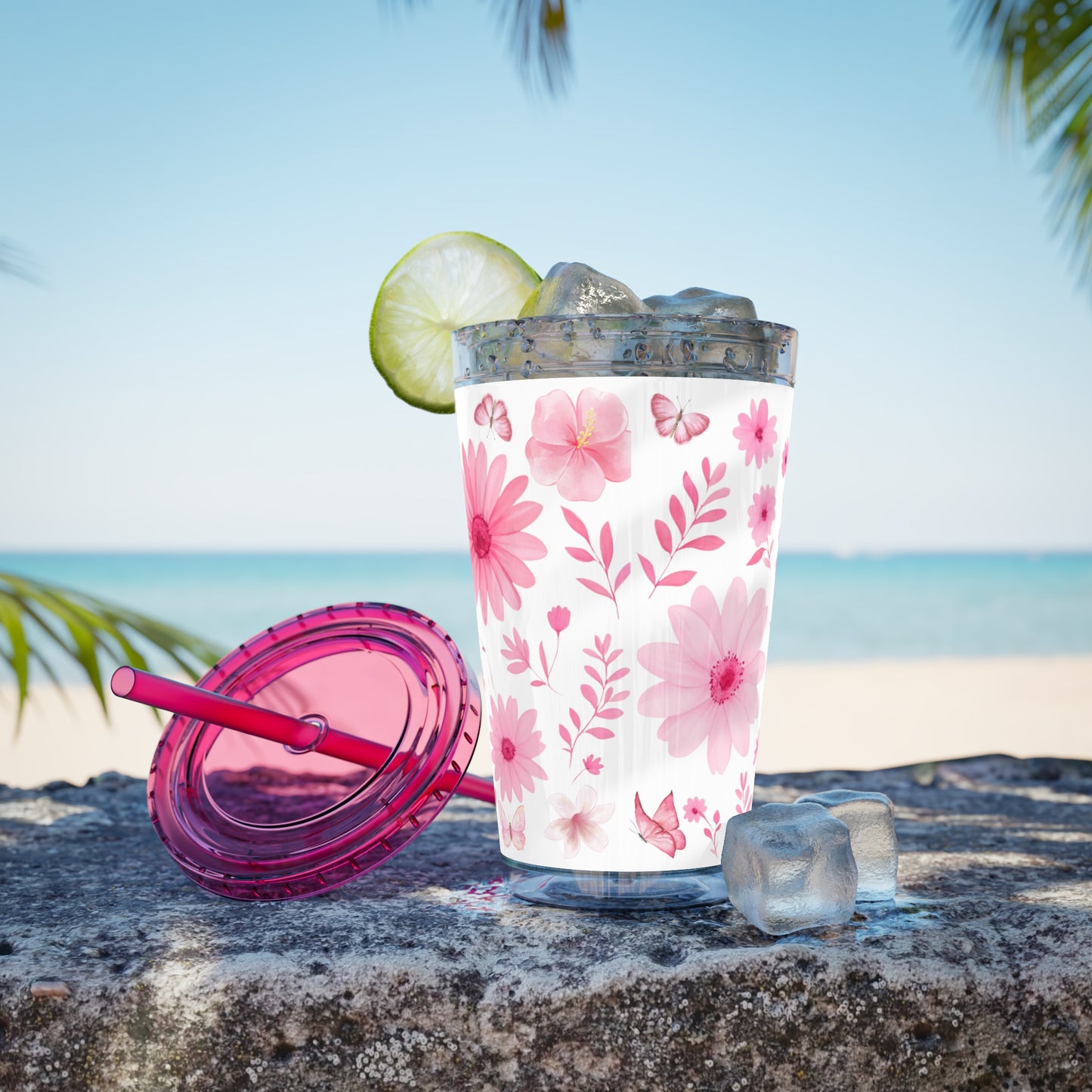 Pink Floral Tumbler, Insulated Drink Cup, Reusable Coffee Travel Mug, Gift for Her, Summer Drinkware
