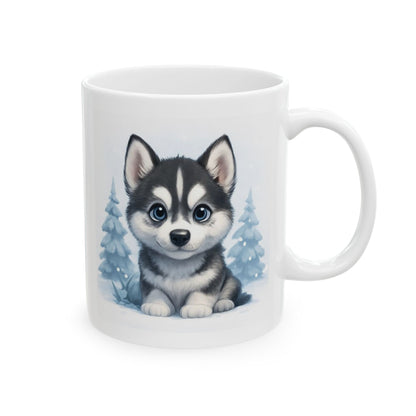 Winter Ceramic Mug, Cute Winter Mug, Holiday Gift, Cozy Drinkware, Husky Puppy Coffee Cup, Adorable Animal Mug Gift, Dog Lover gift