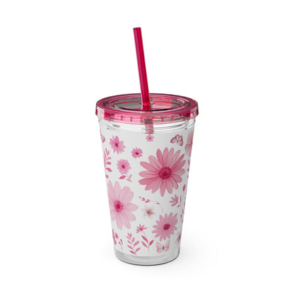 Pink Floral Tumbler, Insulated Drink Cup, Reusable Coffee Travel Mug, Gift for Her, Summer Drinkware