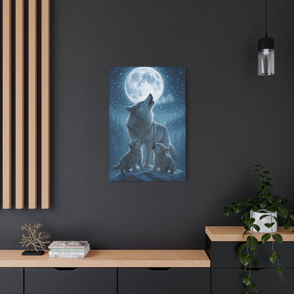 Wolf Family Moonlit Canvas Art, Nature Decor, Wildlife Wall Art, Home Office Art, Gift for Animal Lovers