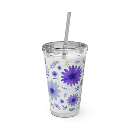Sunsplash Floral Tumbler: 16oz Reusable Drink Cup, Eco-Friendly Travel Mug, Summer Party Gift, Floral Straw Cup, Garden Inspired Drinkware