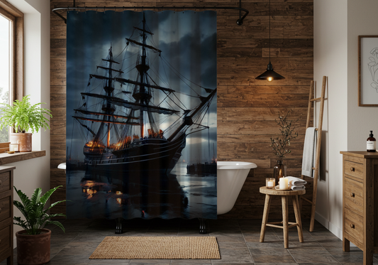 Gothic Pirate Ship Shower Curtain, Nautical Bathroom Decor, Unique Gift for Sailor Enthusiasts, Dark Fantasy Home Accent, Nautical Adventure