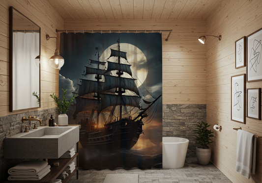 Nautical Moonlit Ship Shower Curtain - Ocean Decor, Bathroom Accessories, Nautical Home, Coastal Decor, Gift for Sailors, Pirate Ship