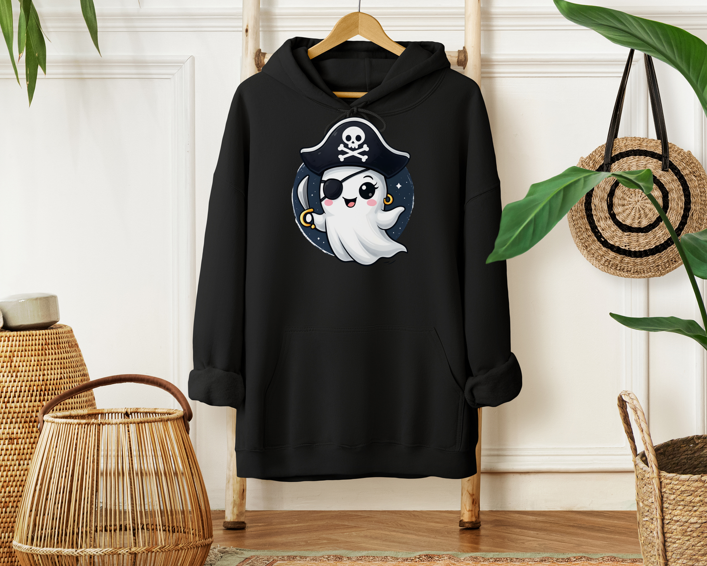 Pirate Ghost Hoodie, Cozy Hooded Sweatshirt for Halloween, Unisex Casual Wear, Cute Gift for Kids and Adults, Spooky Apparel