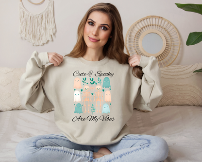 Cute & Spooky Vibes Crewneck Sweatshirt, Unisex Sweatshirt, Halloween Apparel, Cozy Casual Wear, Ghost Design, Comfortable Top