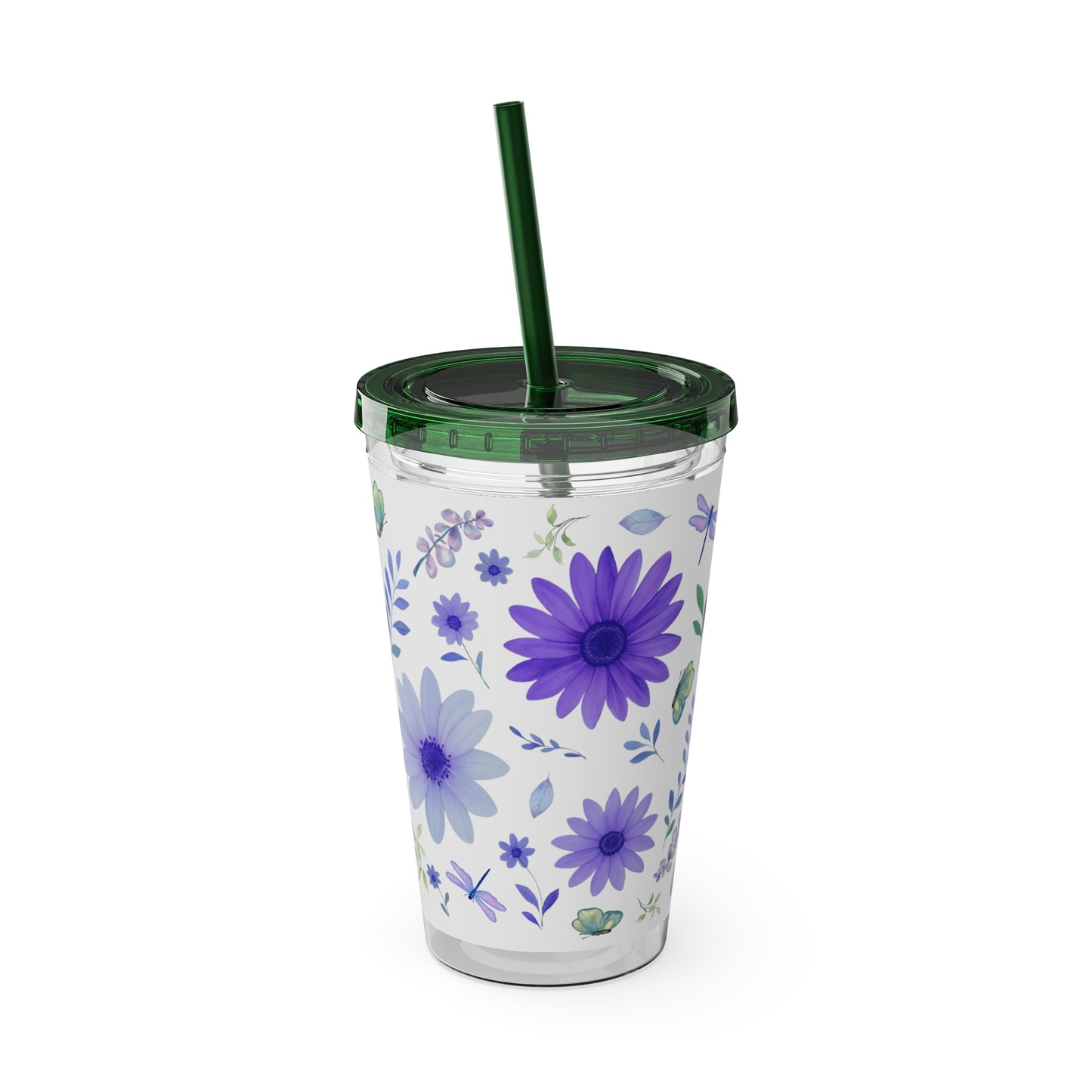 Sunsplash Floral Tumbler: 16oz Reusable Drink Cup, Eco-Friendly Travel Mug, Summer Party Gift, Floral Straw Cup, Garden Inspired Drinkware