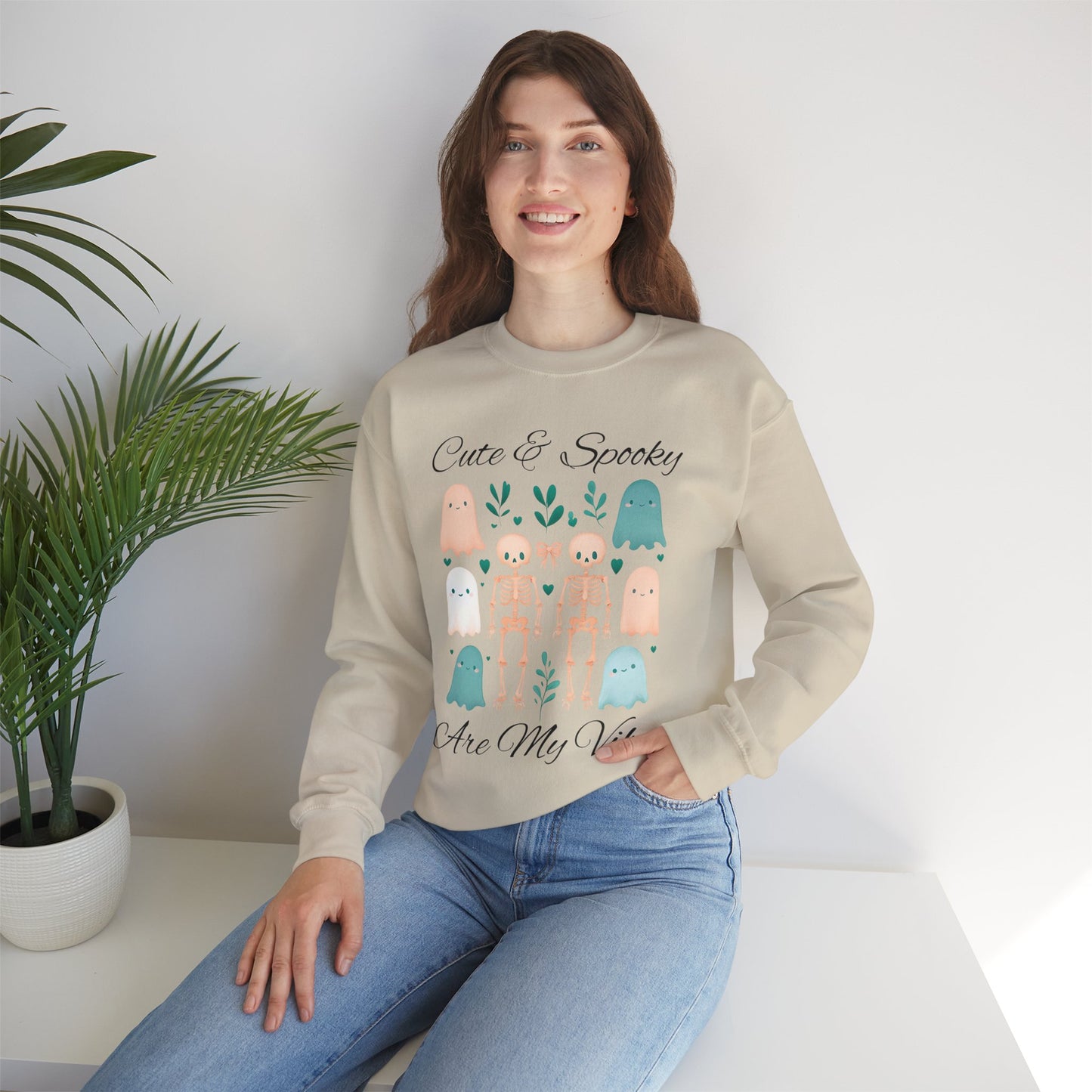 Cute & Spooky Vibes Crewneck Sweatshirt, Unisex Sweatshirt, Halloween Apparel, Cozy Casual Wear, Ghost Design, Comfortable Top
