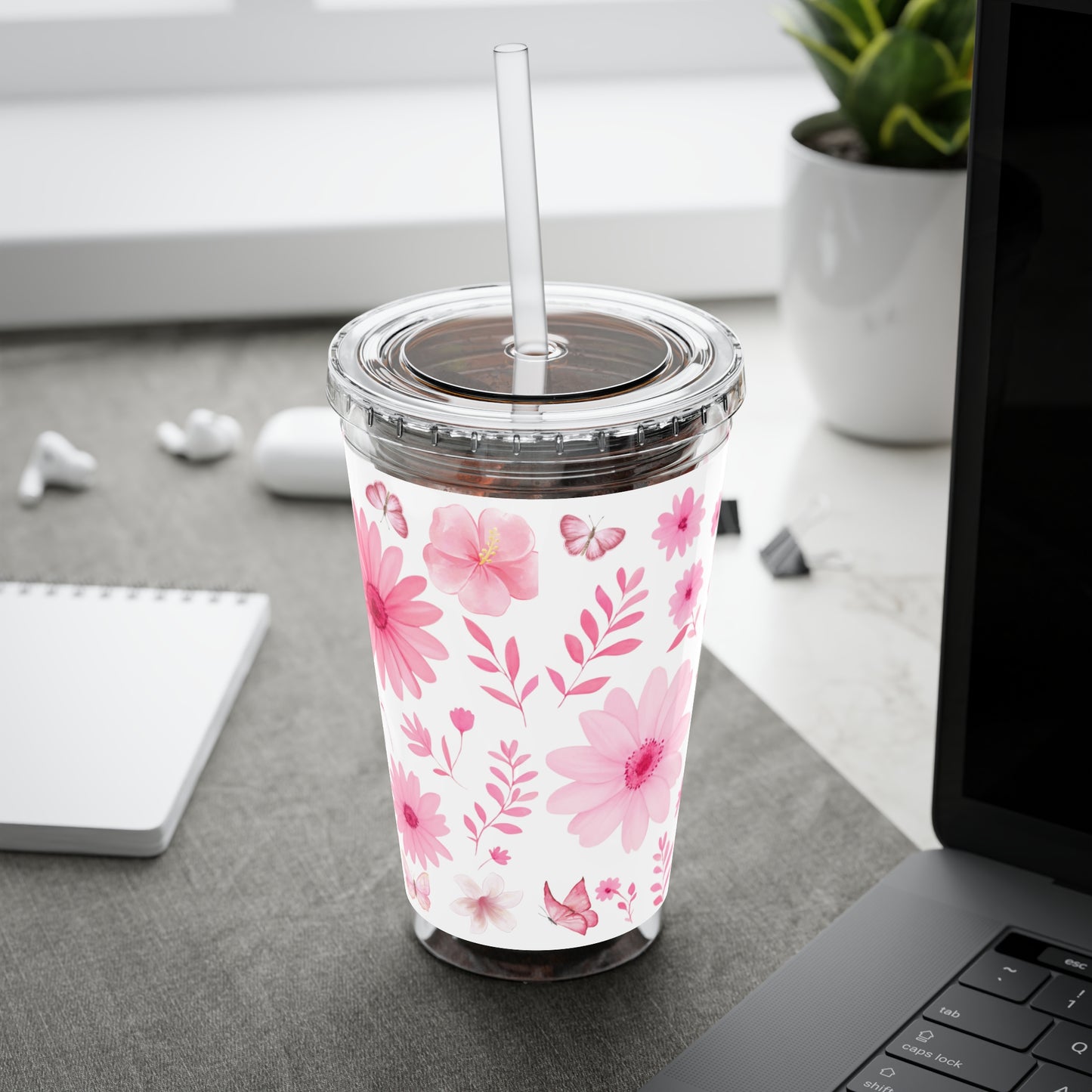 Pink Floral Tumbler, Insulated Drink Cup, Reusable Coffee Travel Mug, Gift for Her, Summer Drinkware