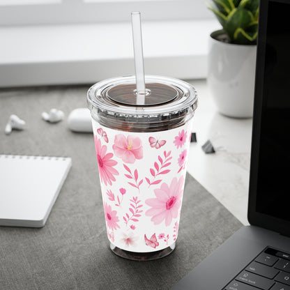 Pink Floral Tumbler, Insulated Drink Cup, Reusable Coffee Travel Mug, Gift for Her, Summer Drinkware