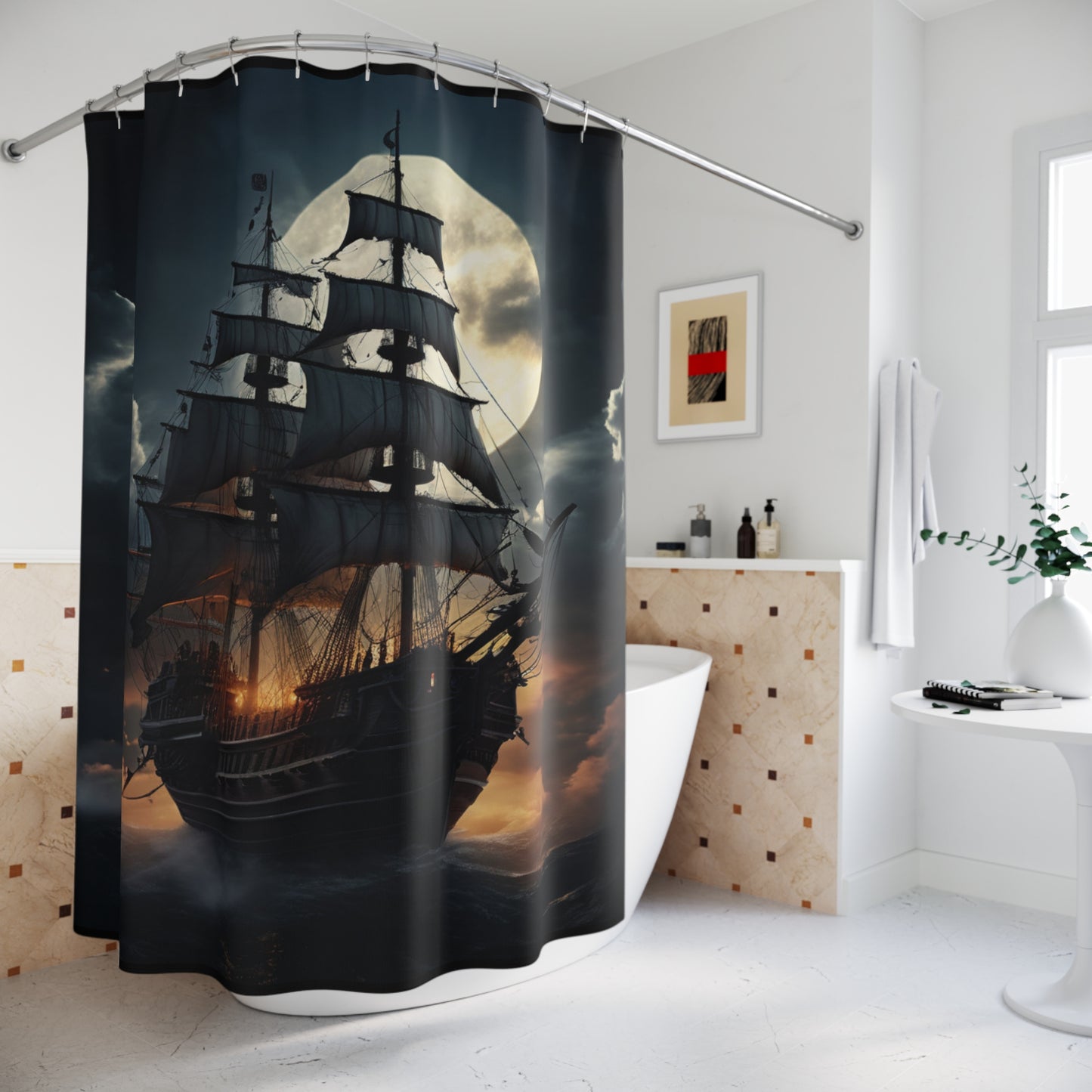 Nautical Moonlit Ship Shower Curtain - Ocean Decor, Bathroom Accessories, Nautical Home, Coastal Decor, Gift for Sailors, Pirate Ship