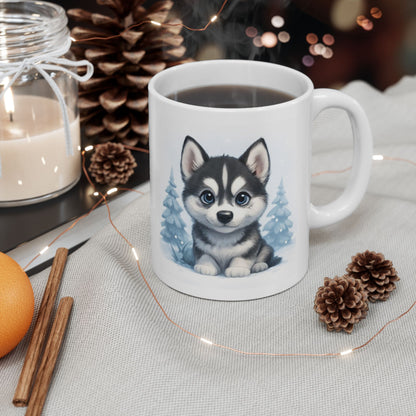 Winter Ceramic Mug, Cute Winter Mug, Holiday Gift, Cozy Drinkware, Husky Puppy Coffee Cup, Adorable Animal Mug Gift, Dog Lover gift